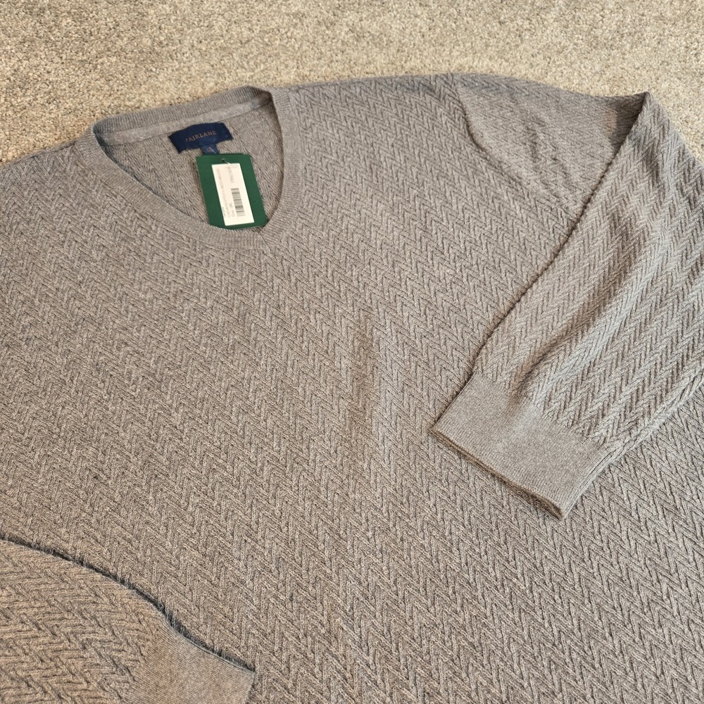 Fairlane Chevron‎ V-Neck Heathered Gray Cotton Wool Sweater Men's Size XXL